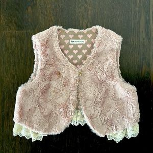 Girls soft faux fur vest with lace trim, size 10-12